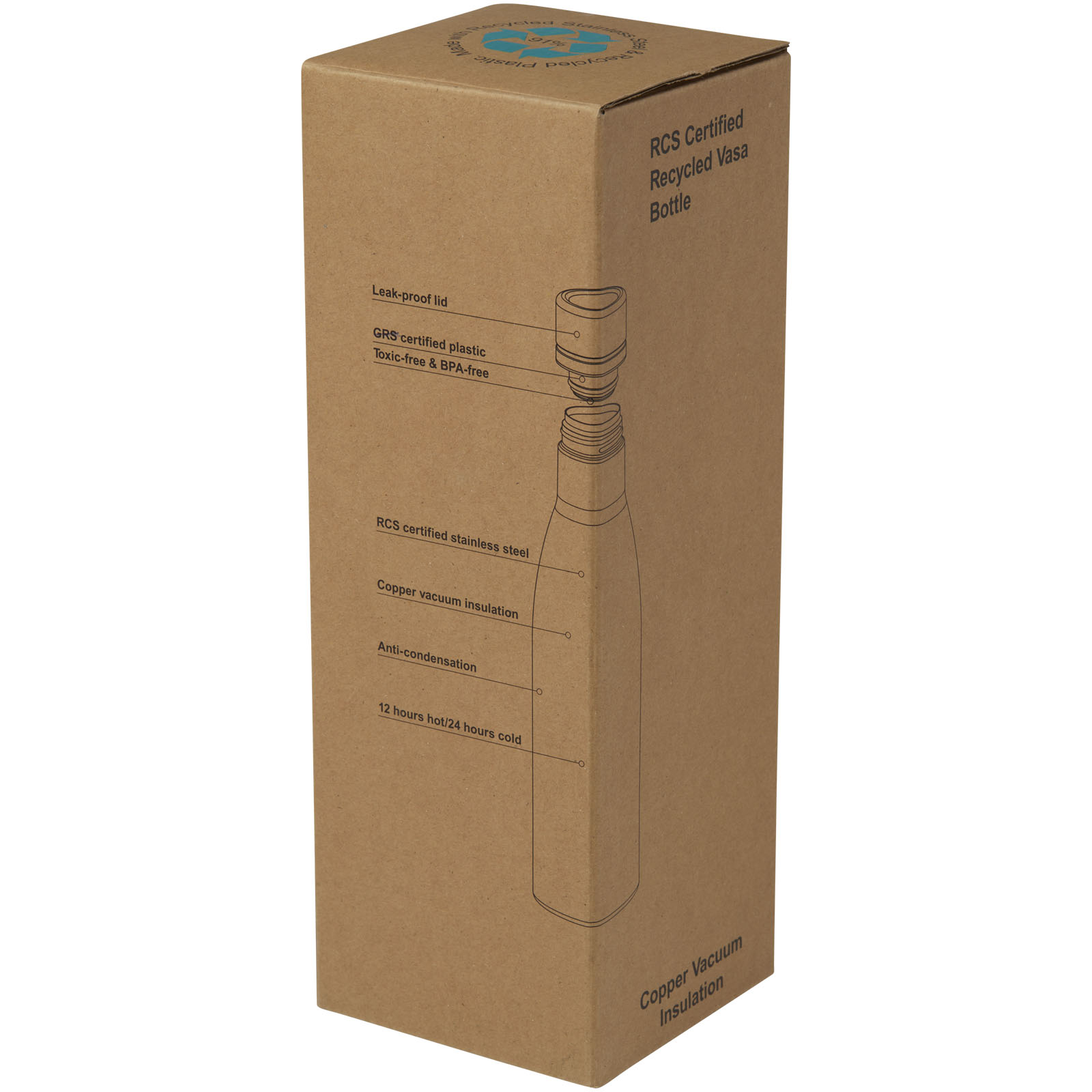 Bouteille isotherme Vasa en acier inoxydable recyclé certifié RCS de 500 ml avec isolation par le vide et couche de cuivre