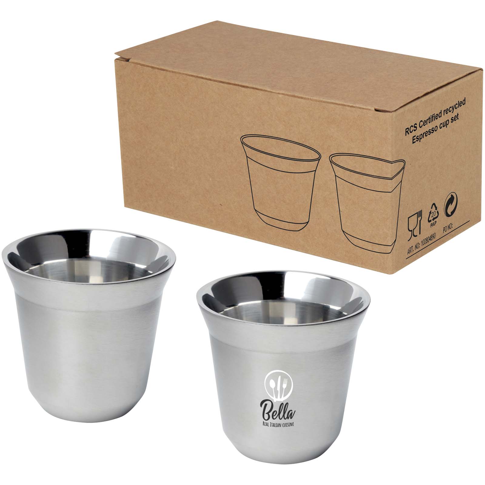 Ensemble de tasses à espresso en acier inoxydable Duo de 80 ml certifié RCS